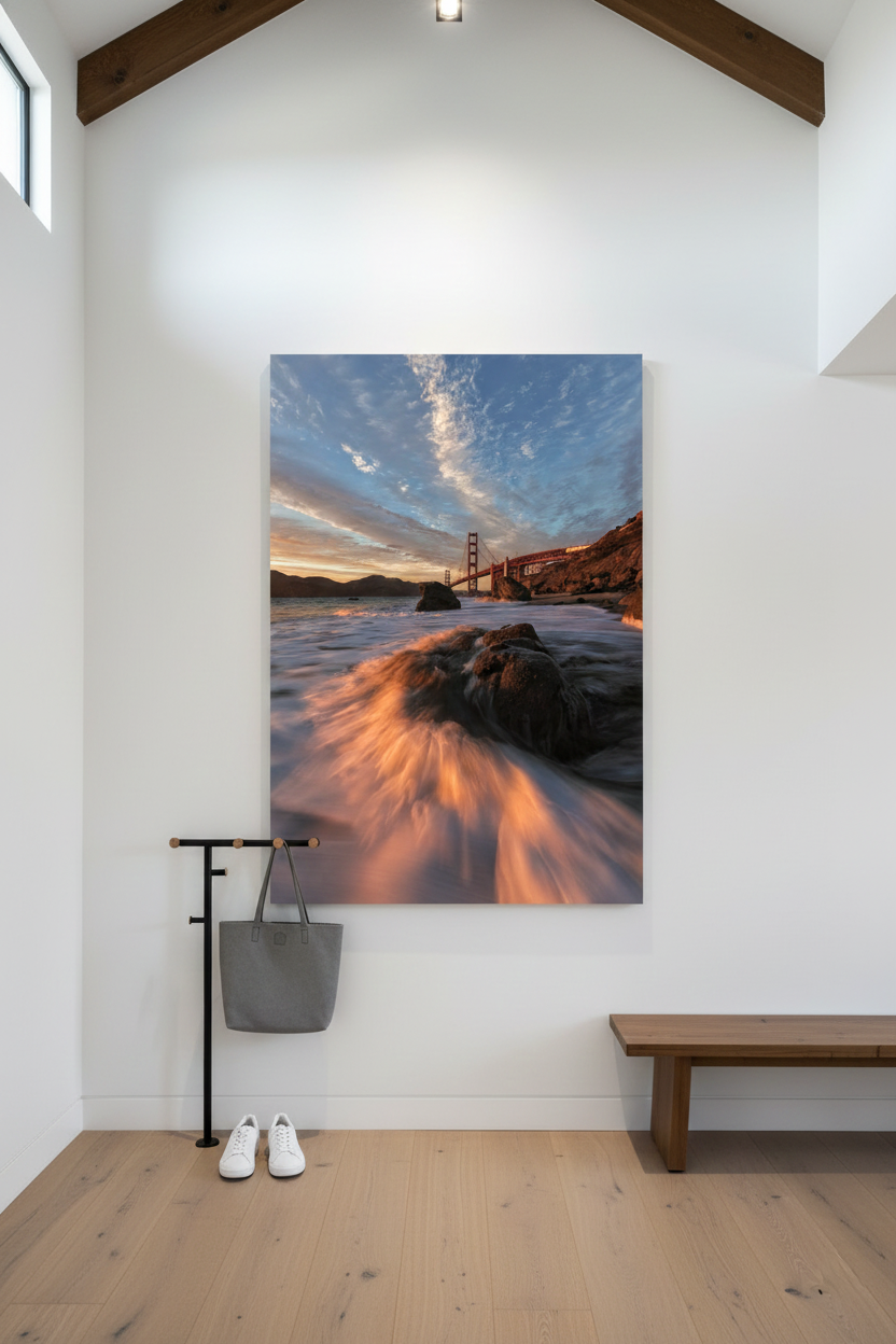 Large frameless Golden Gate ocean print displayed in a vaulted white entryway with a wooden bench.