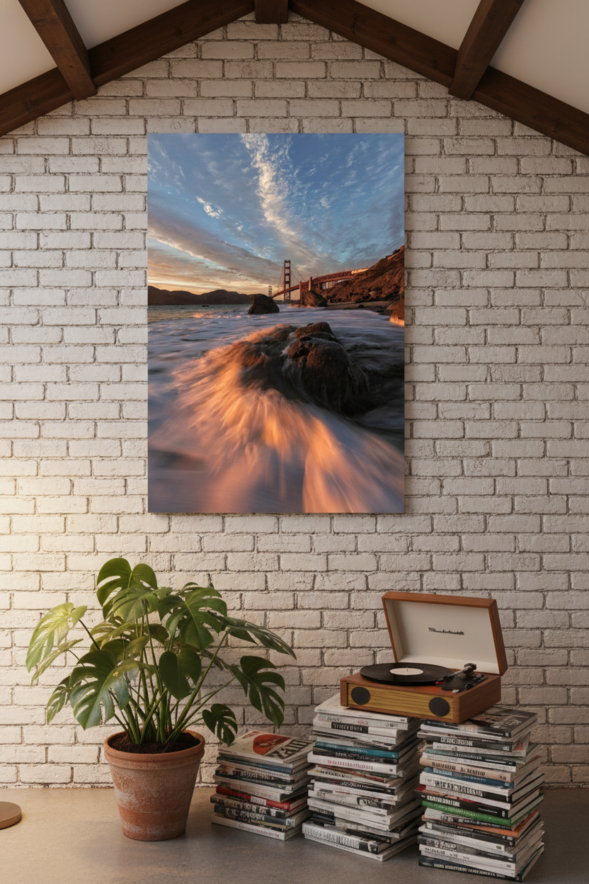 Golden Gate Bridge sunset art print hanging on a painted white brick wall above a record player setup.