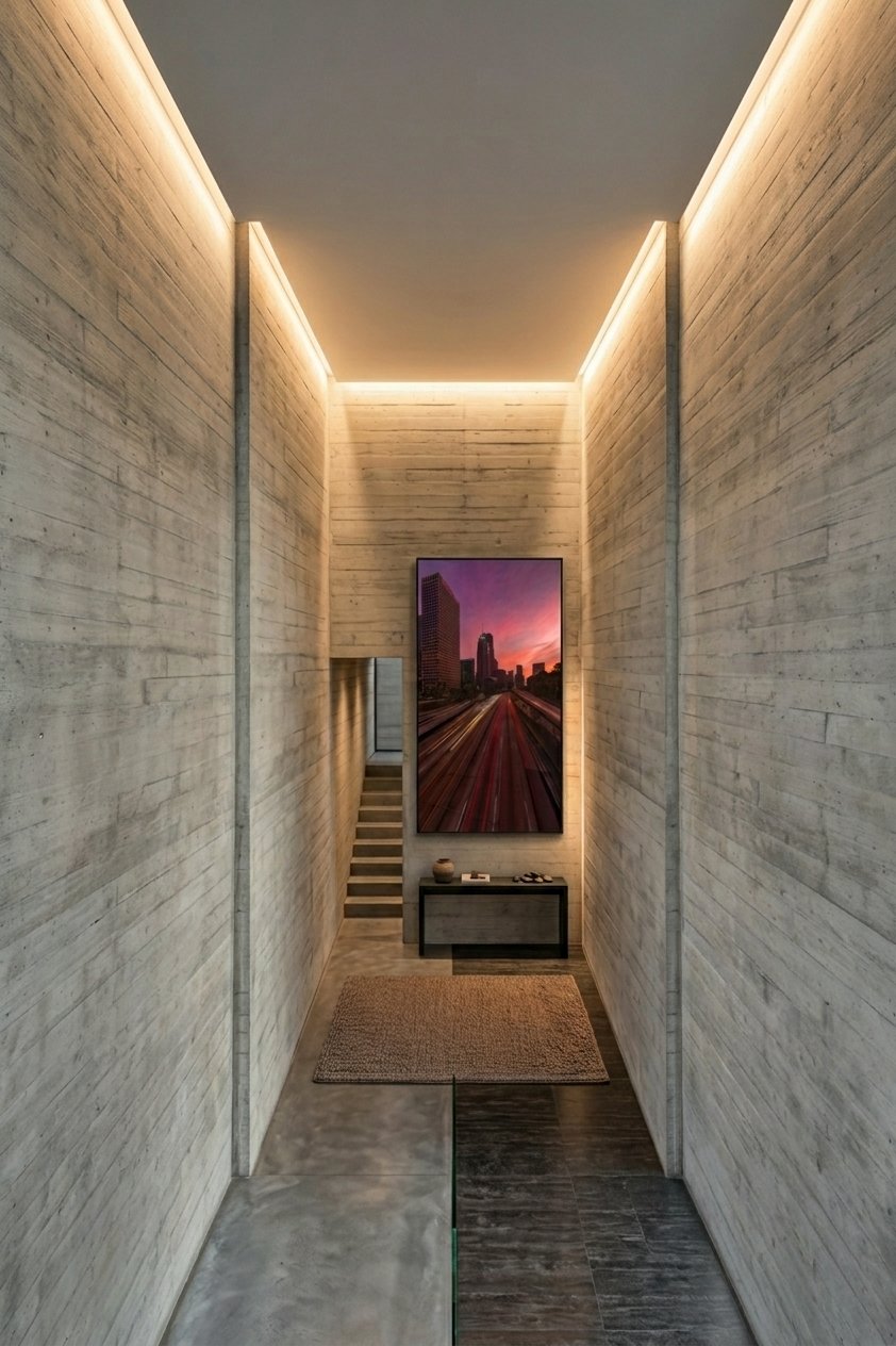 Vertical fine art print of a vibrant Los Angeles highway sunset hanging in a tall, minimalist concrete hallway with recessed LED lighting.