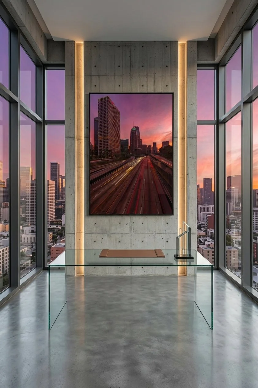 "Electric Sunset" LA cityscape print centered on an exposed concrete accent wall in a high-rise office with a glass desk and floor-to-ceiling views.