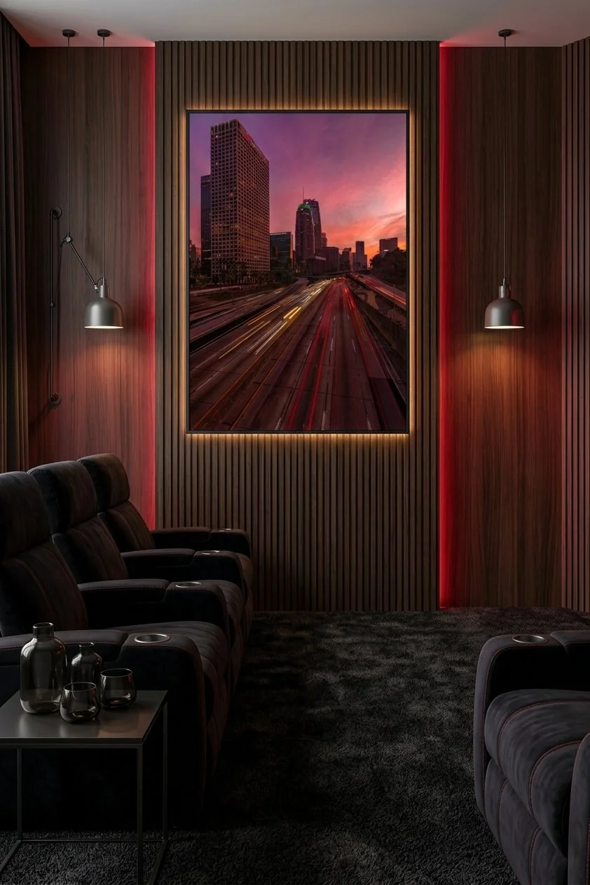 Backlit Los Angeles city night print mounted on a dark wood slat wall with red ambient lighting in a luxury home theater.