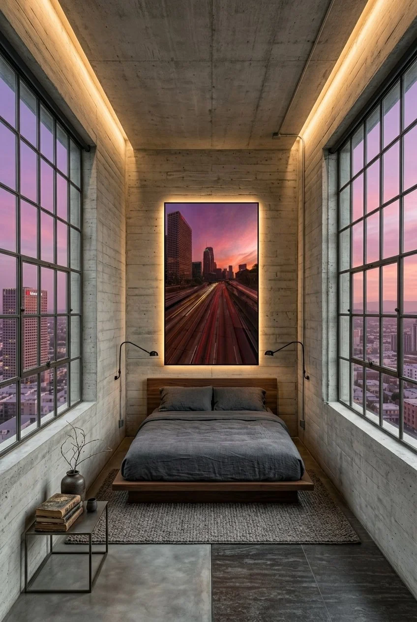 "Electric Sunset" downtown LA skyline art print mounted between floor-to-ceiling windows on a concrete wall in a modern loft bedroom.
