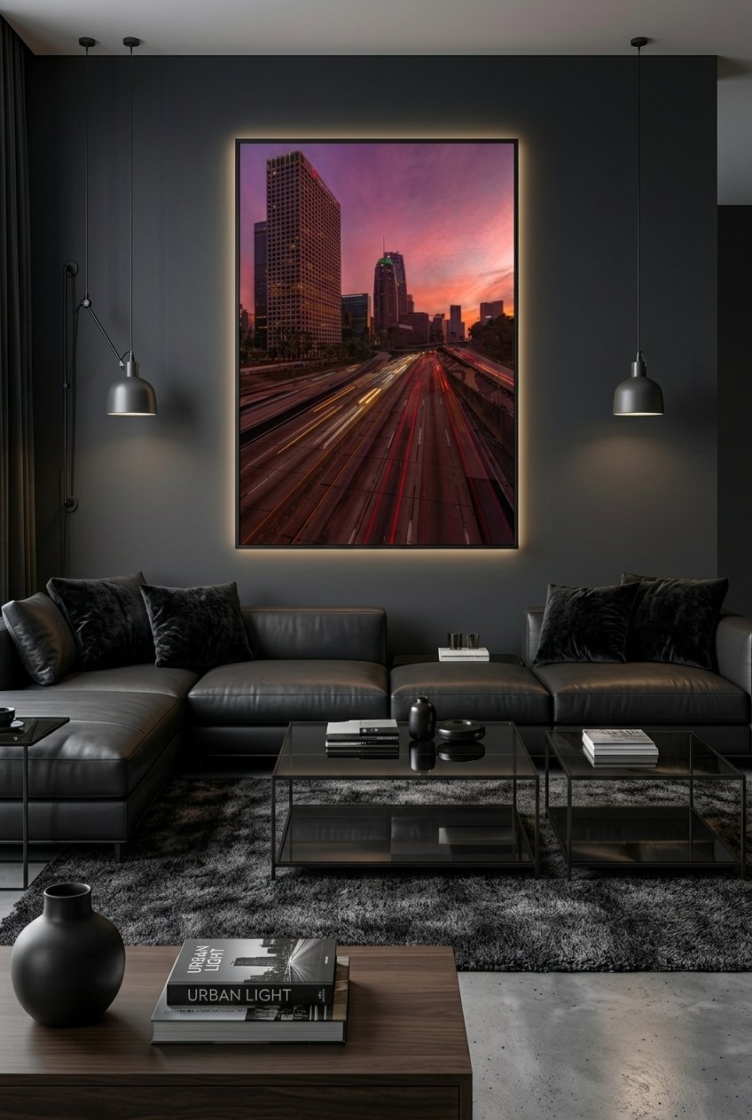 Large backlit "Electric Sunset" Los Angeles freeway light trails print above a black leather sectional in a dark modern living room.