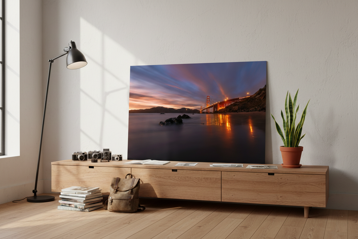 Frameless Golden Gate Bridge fine art print leaning on a light wood credenza next to a potted snake plant.