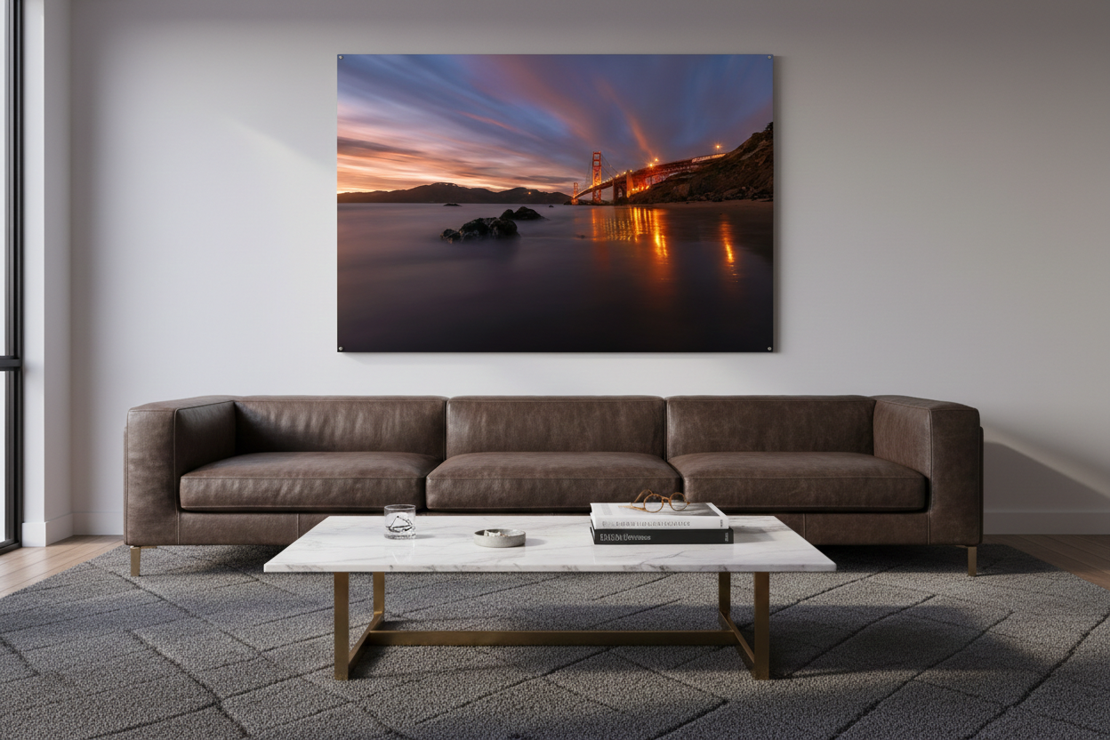 Large acrylic print of the Golden Gate Bridge at twilight mounted above a dark brown leather sofa in a modern living room.