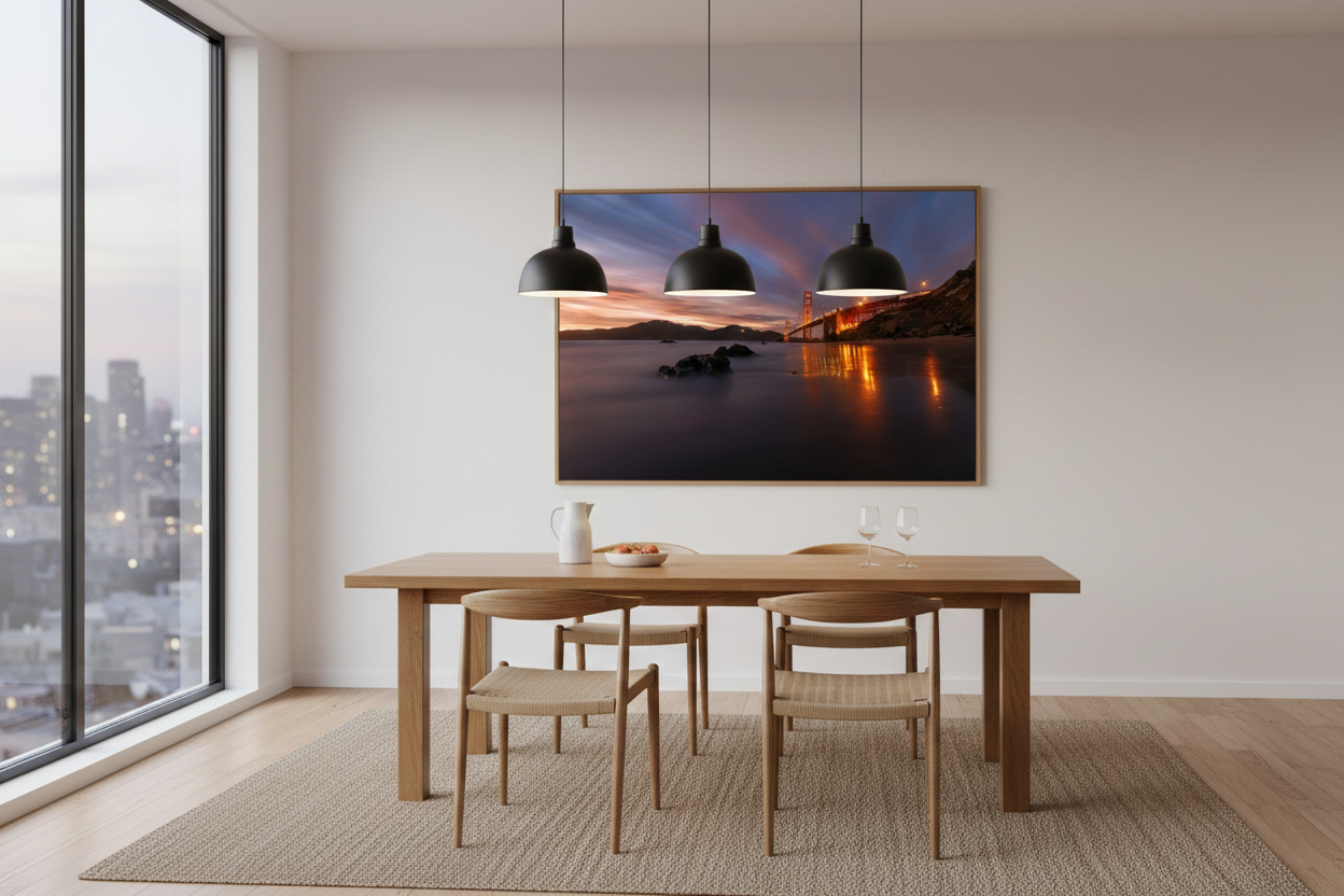 Thin framed Golden Gate Bridge art print centered above a light wood dining table with three black pendant lights.