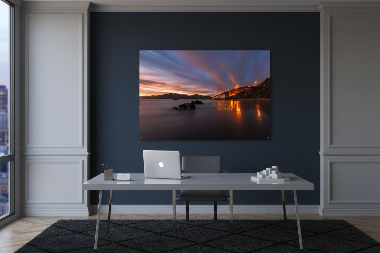 Golden Gate Bridge twilight photo print displayed on a dark navy accent wall behind a modern executive desk.