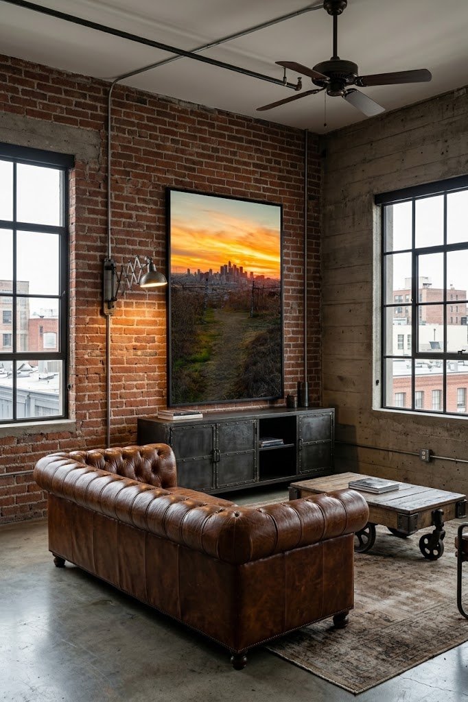 Large framed "Gateway To Los Angeles" sunset skyline art print hanging on an exposed red brick wall above a Tufted leather chesterfield sofa.