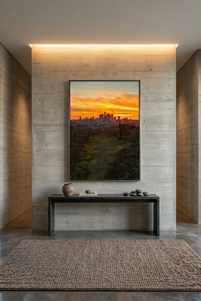 Vertical fine art print of a fiery Los Angeles skyline sunset mounted on a board-formed concrete entry wall above a sleek black console table.