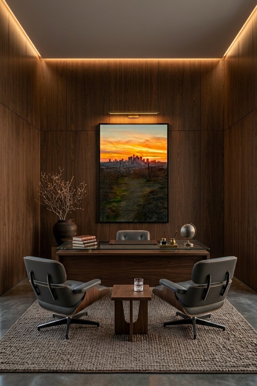 "Gateway To Los Angeles" vertical skyline print under picture lighting on a rich walnut paneled wall in a luxury executive office.