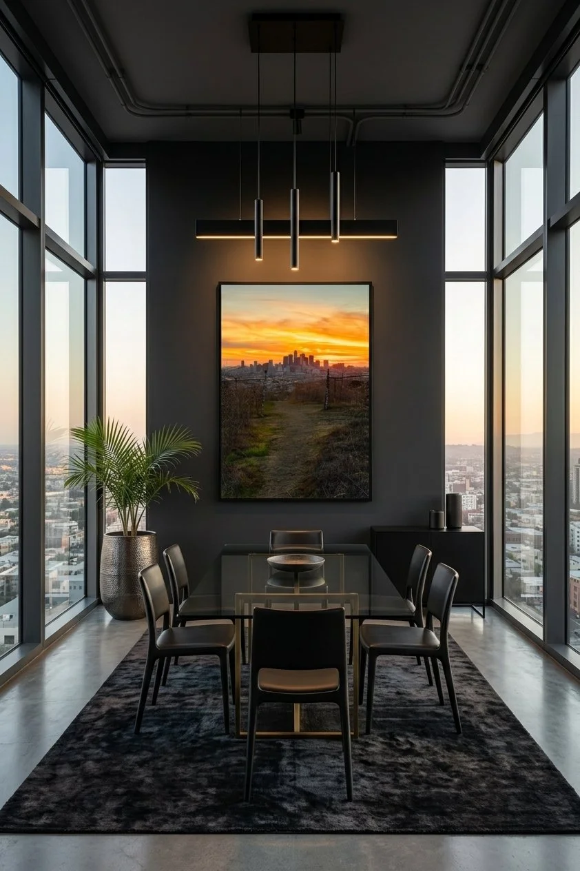 "Gateway To Los Angeles" fine art print lit by modern pendant lights on a dark grey focal wall in a luxury penthouse dining room.