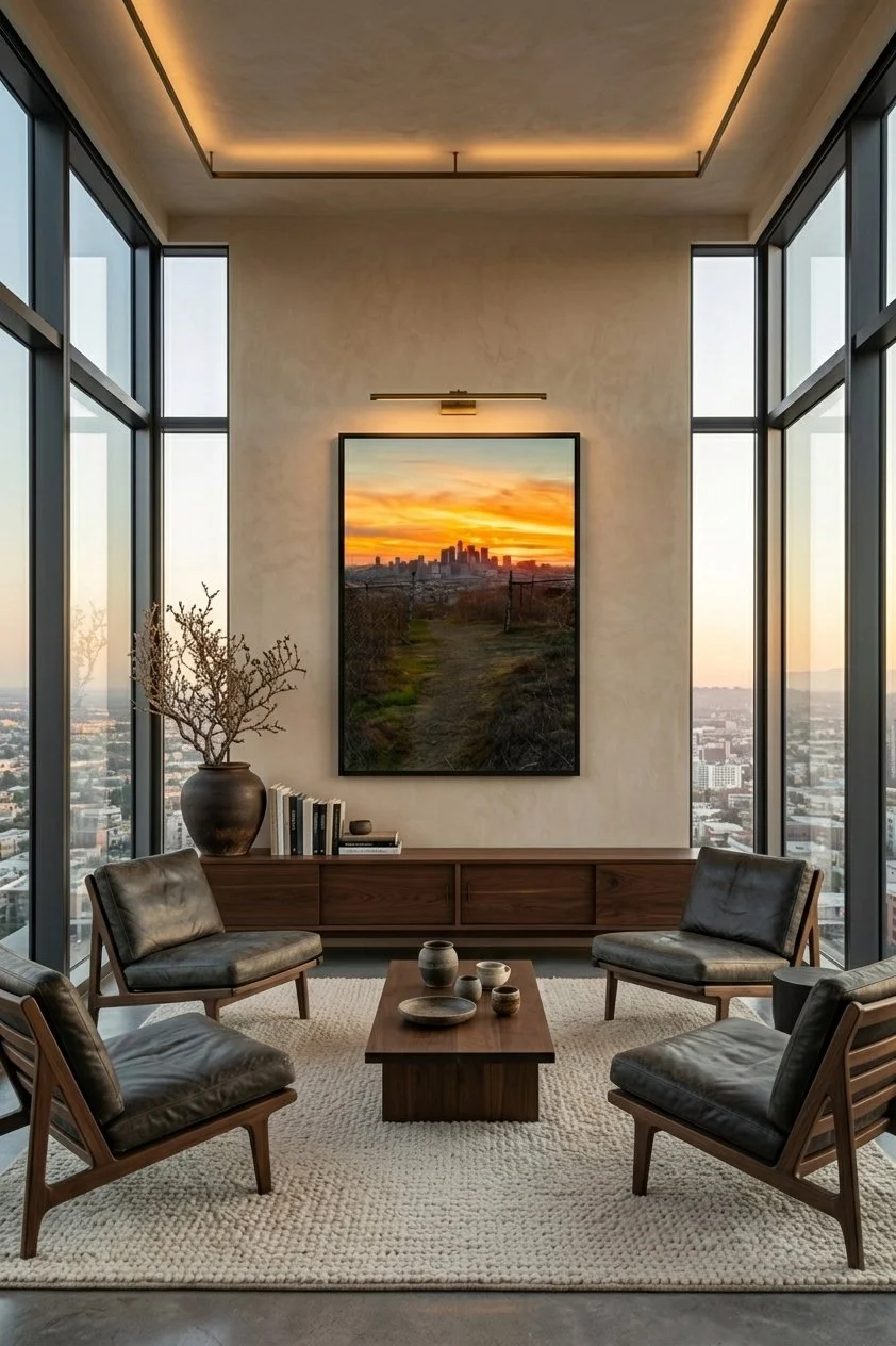 Downtown Los Angeles sunset art print centered on a plaster accent wall in a high-rise penthouse seating area with floor-to-ceiling windows.