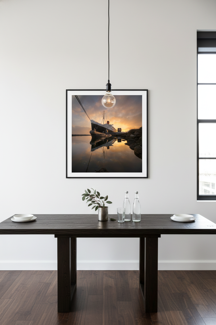 Framed Queen Mary artwork hanging above a dark wooden dining table under an exposed filament bulb pendant light.