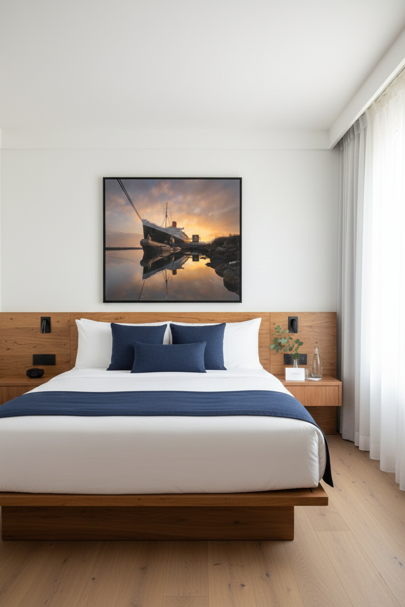 Framed Queen Mary ocean print displayed over a platform bed with a wooden headboard and navy blue accents.