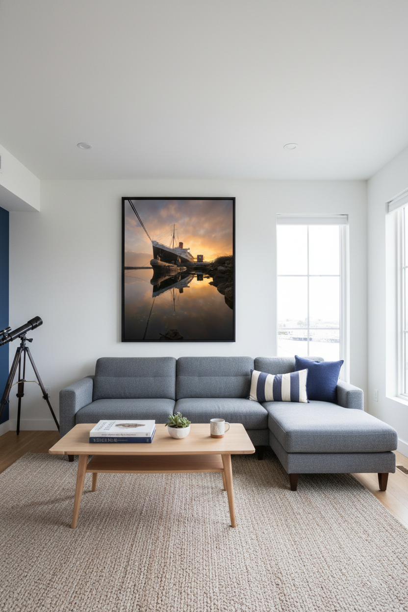 Large vertical framed print of the Queen Mary and submarine at sunrise above a grey sectional sofa in a bright, modern living room.