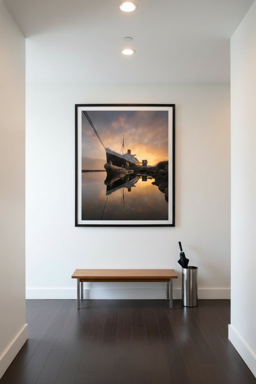 Large framed Queen Mary sunrise reflection print centered above a simple wood bench in a white, modern hallway.
