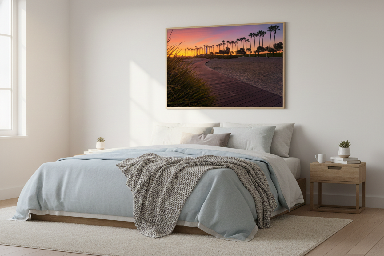 Large Long Beach lighthouse sunset framed artwork displayed above a platform bed styled with soft blue bedding.
