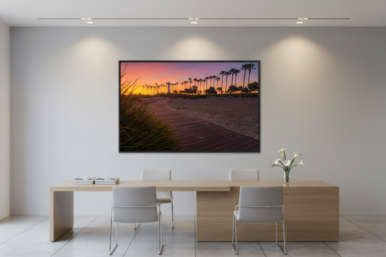 Framed Long Beach palm tree and lighthouse print under track lighting in a minimalist, light-wood office conference space.