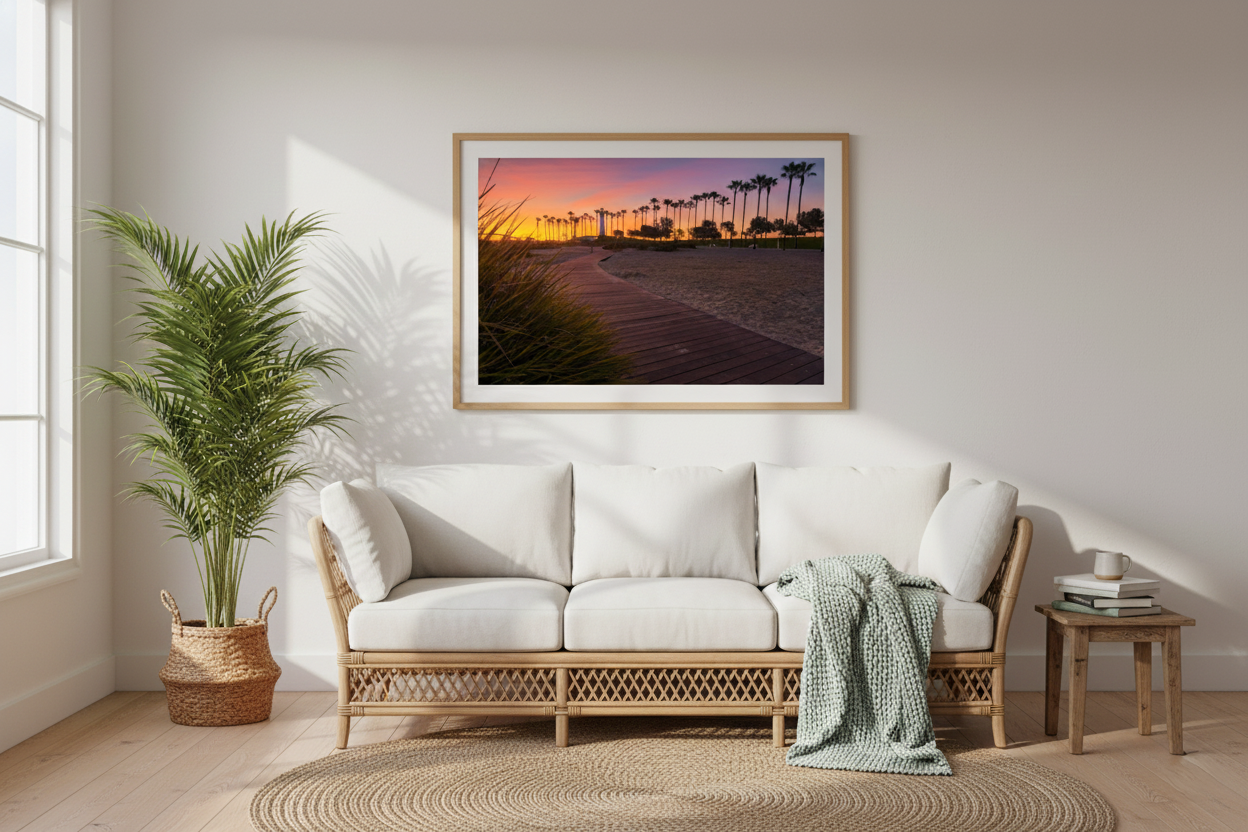 Framed Long Beach boardwalk photo print hung over a woven rattan sofa with a potted indoor palm tree in a bright living room.