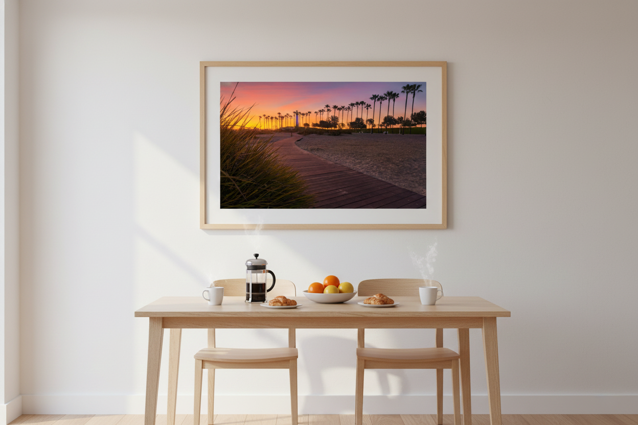 Framed Long Beach sunset photo print with a white mat displayed above a light wood dining table set for breakfast.