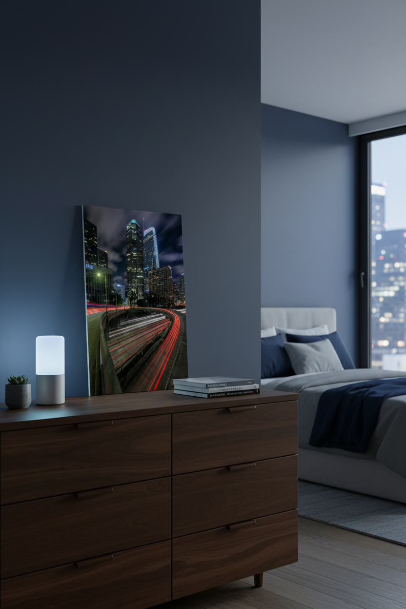 Large vertical acrylic print of Downtown LA freeway light trails hanging on an exposed red brick wall above a modern sectional sofa.