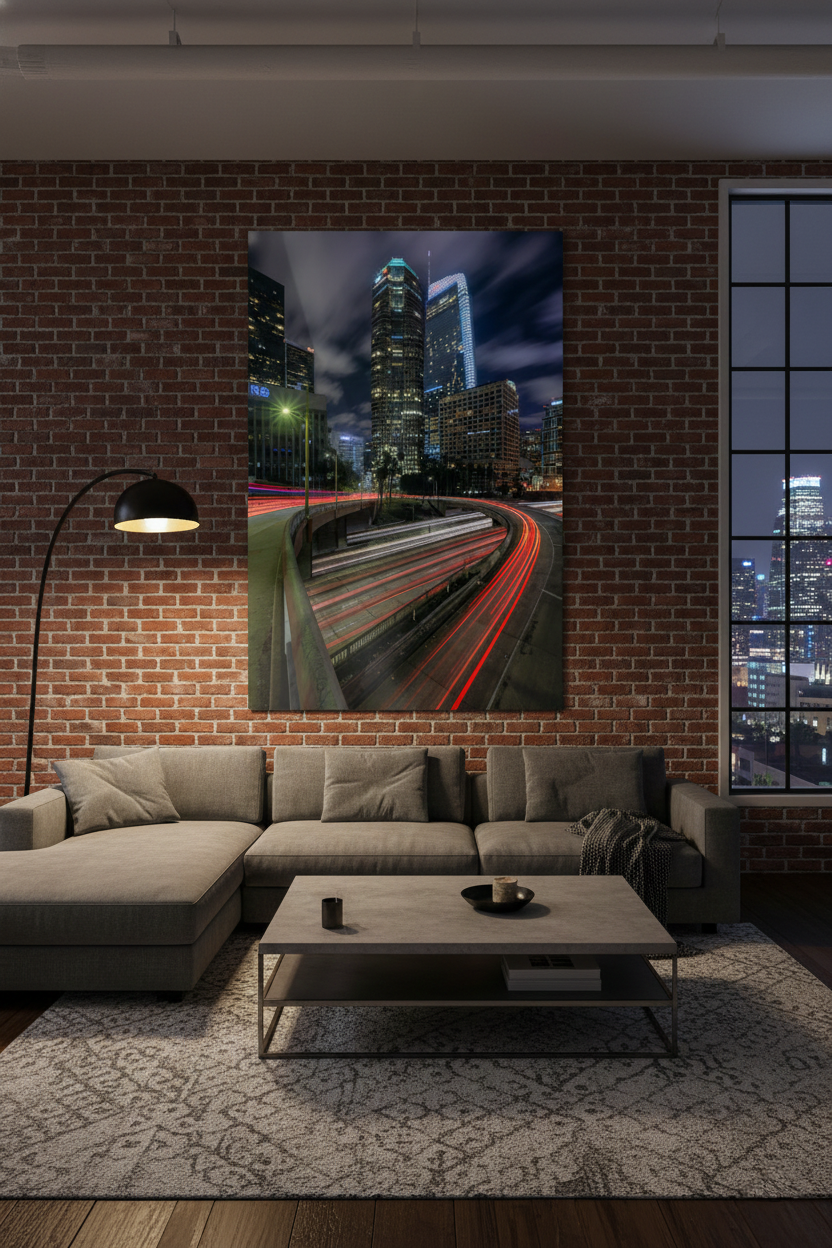 Downtown Los Angeles night photo print leaning on a dark walnut dresser in a contemporary dark blue bedroom.