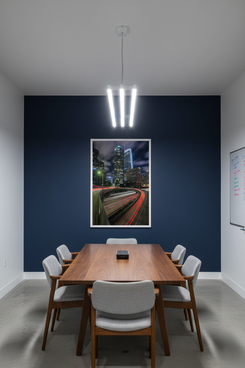 Framed Downtown LA light trails print mounted under linear pendant lighting on a dark blue accent wall in a modern conference room.
