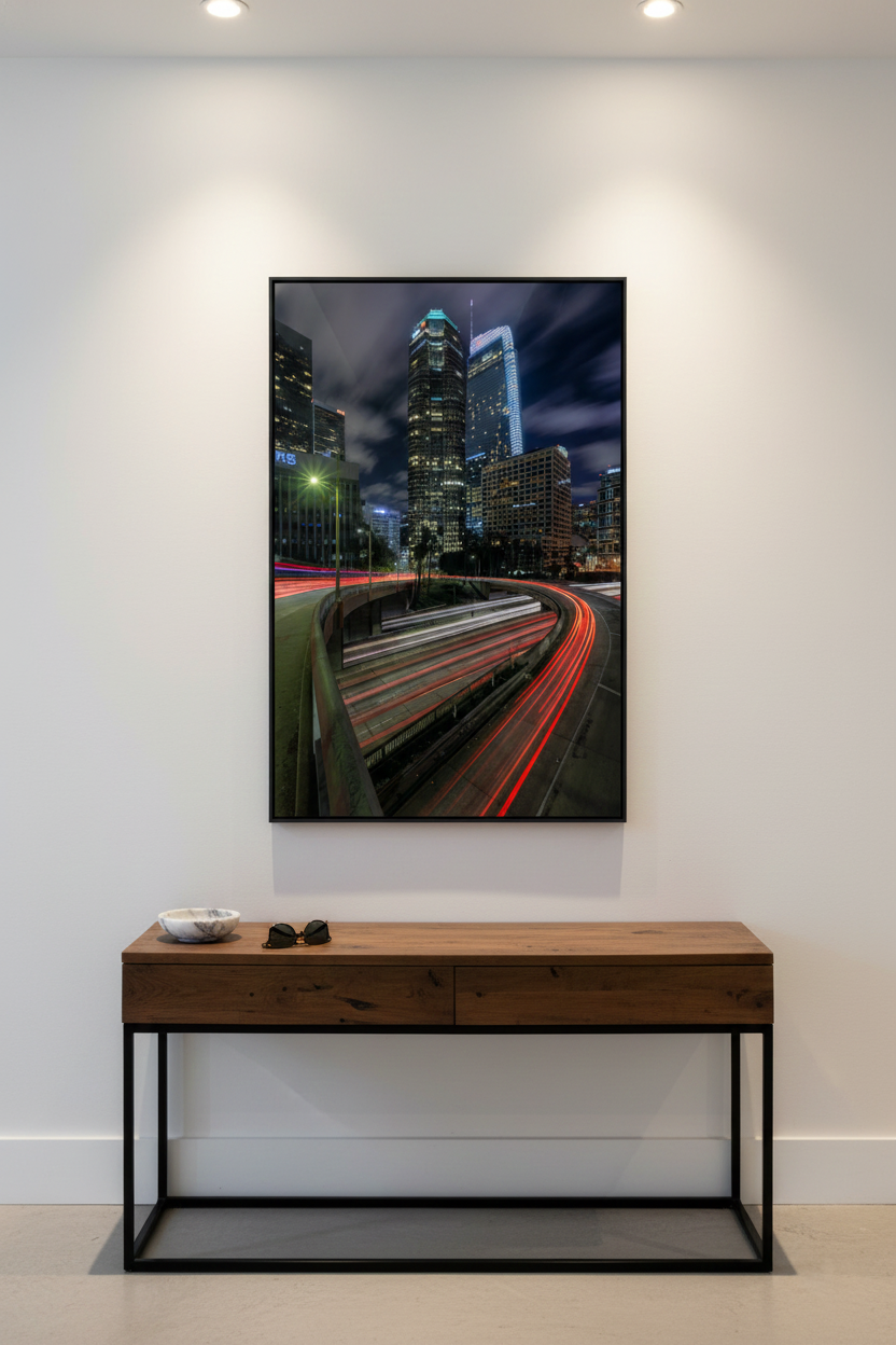 Framed Downtown Los Angeles skyline art print centered under recessed lights above a dark wood entryway console table.
