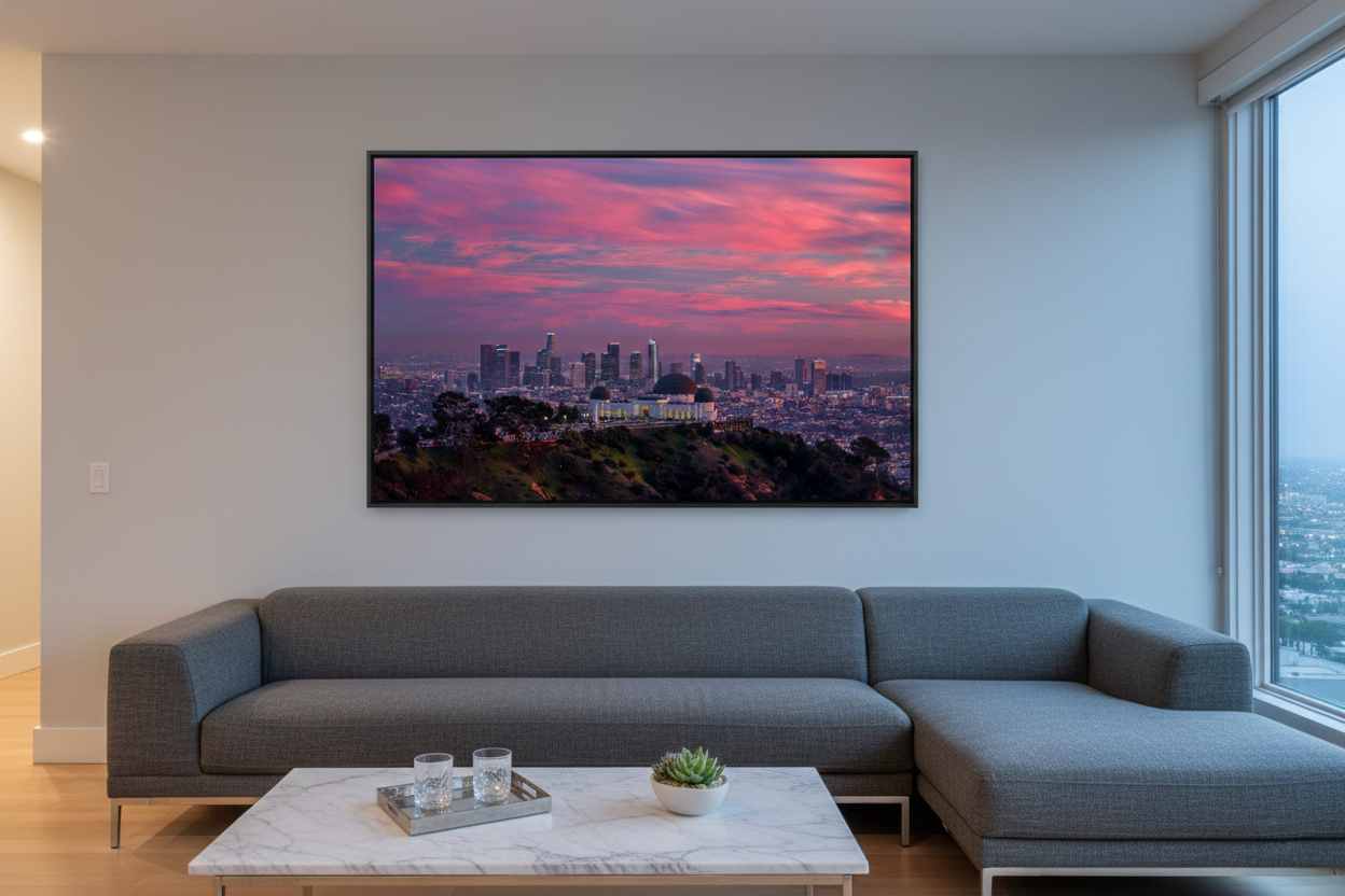 Large framed print of the Griffith Observatory and Downtown LA sunset displayed above a grey sectional sofa in a modern penthouse living room.