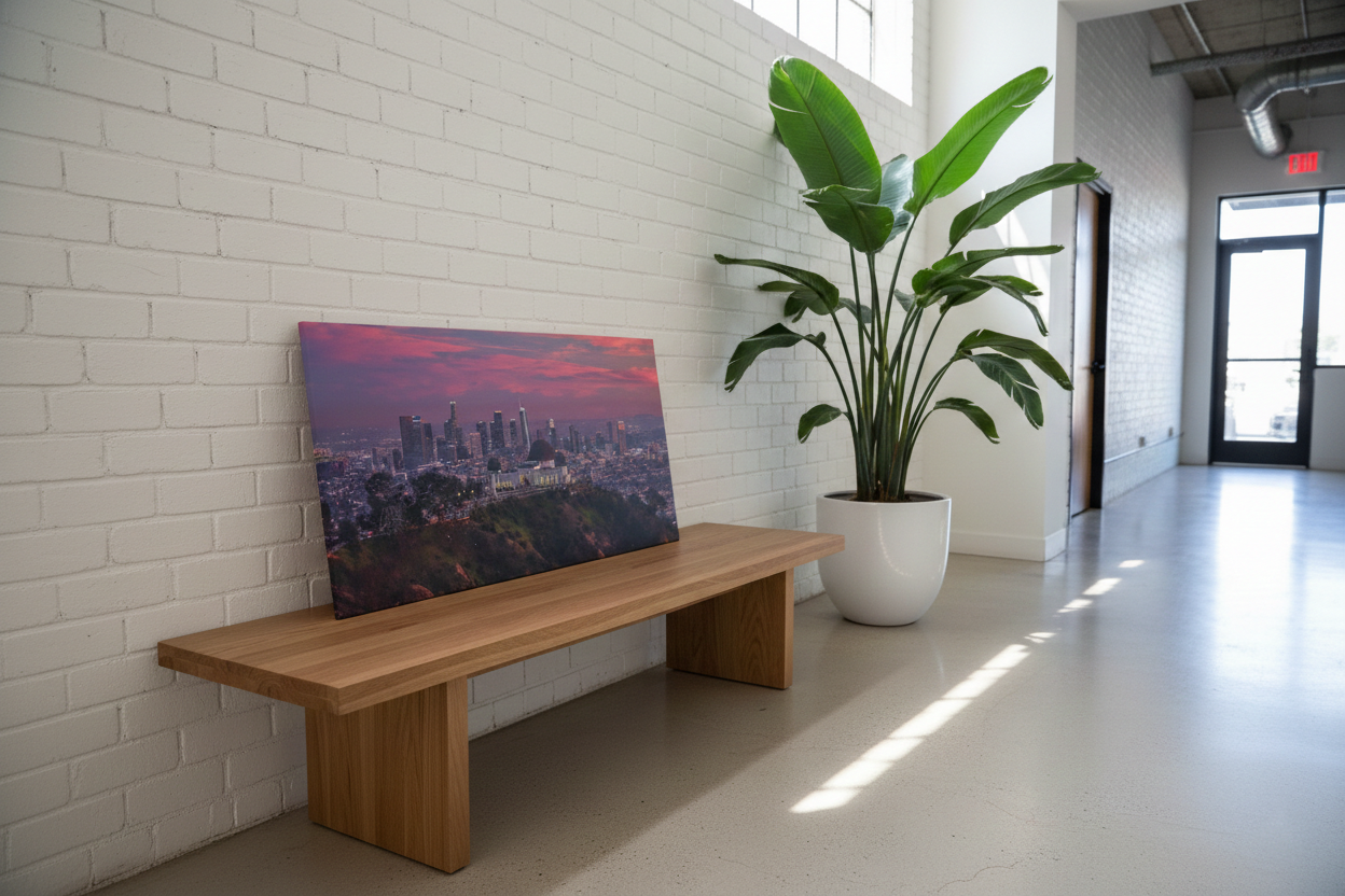 Panoramic Griffith Observatory sunset print resting on a wooden bench against a white painted brick wall next to a large potted plant.