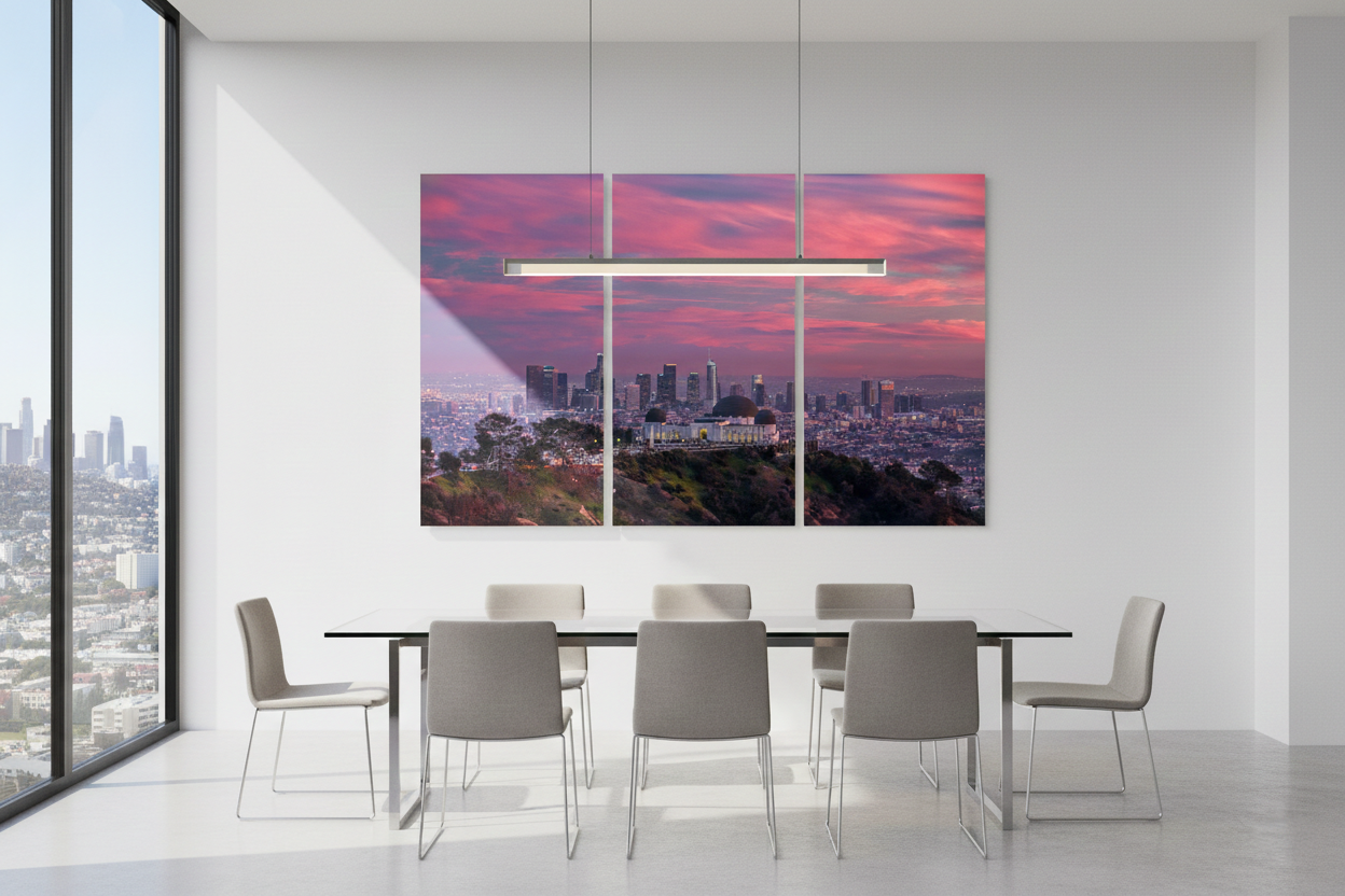 Large 3-panel triptych photo print of the Griffith Observatory sunset mounted in a modern glass-table conference room with city views.