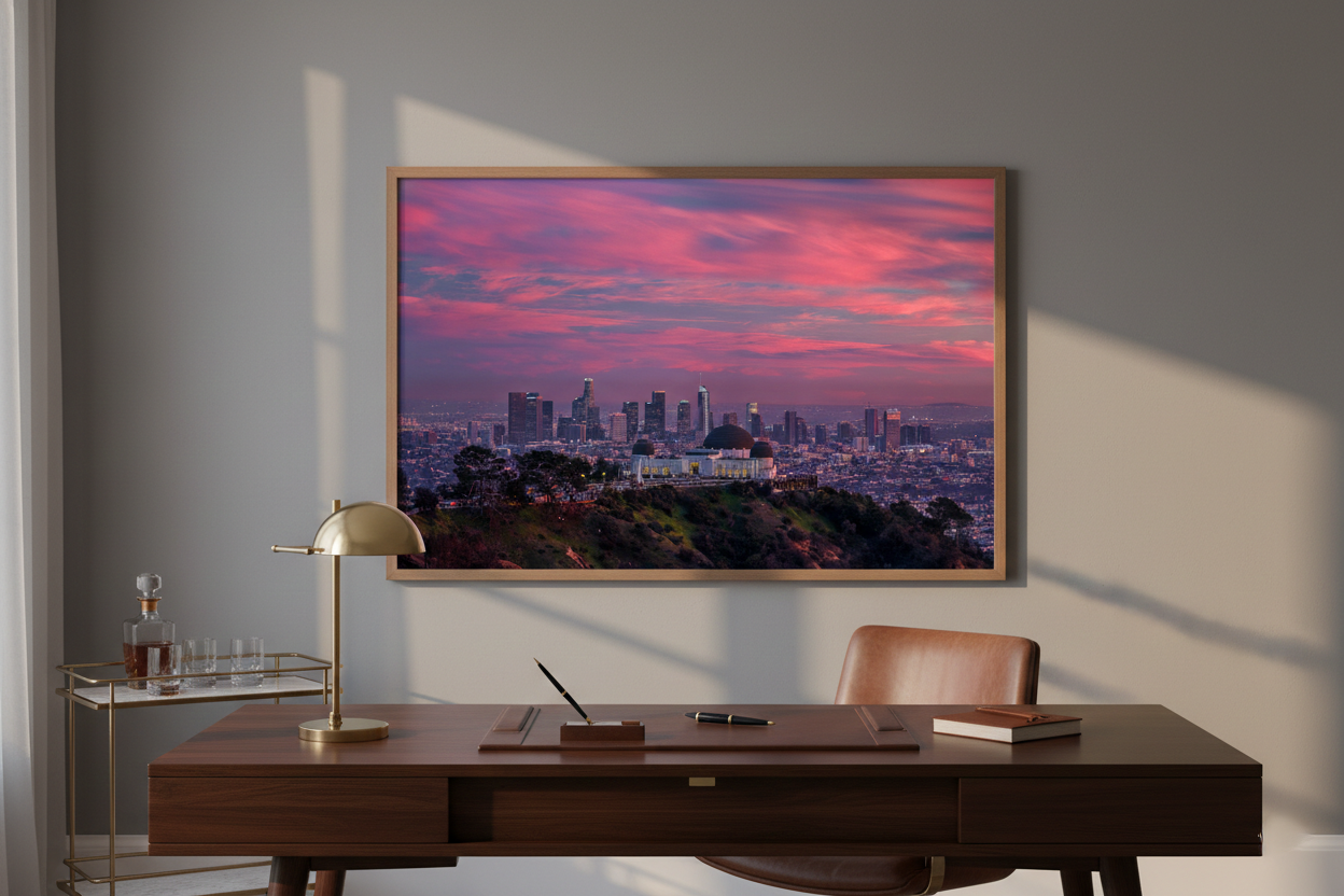 Framed landscape photo of the Griffith Observatory and Downtown Los Angeles skyline hanging behind a wooden executive desk with a brass lamp.