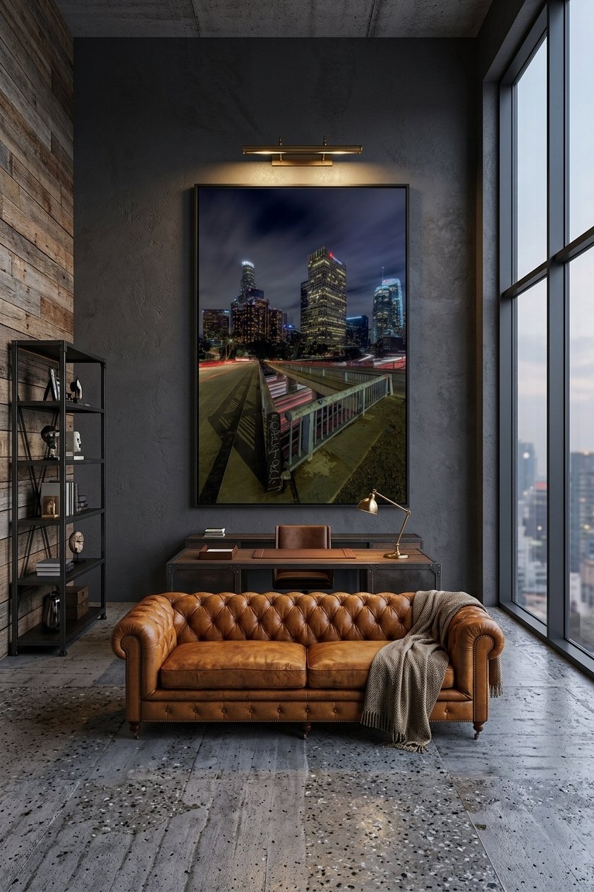 Large framed Downtown LA overpass art print hung above a brown leather tufted Chesterfield sofa in a dark industrial office.