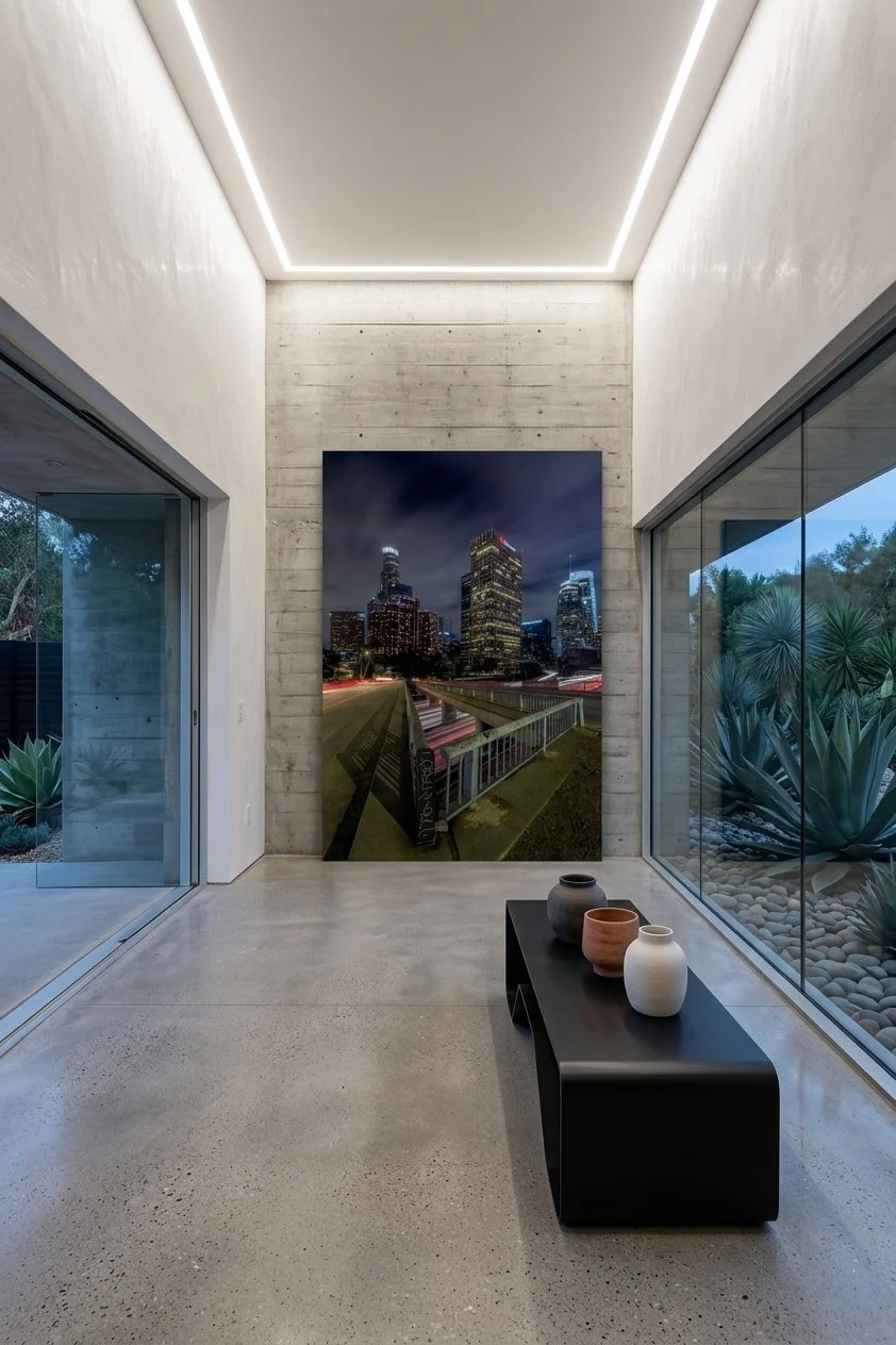 Large Downtown Los Angeles skyline fine art acrylic print mounted in a polished concrete hallway with floor-to-ceiling glass windows.