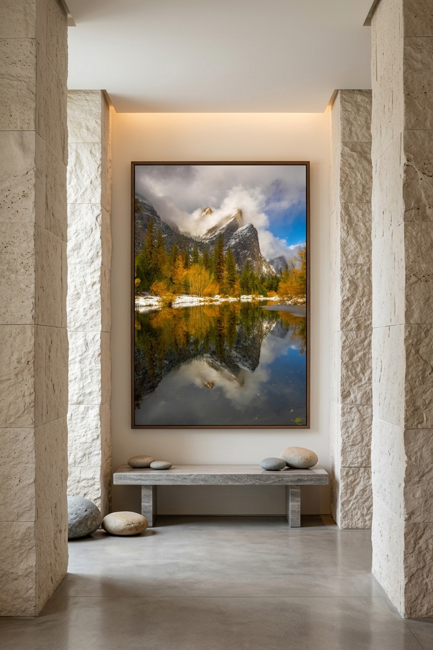 Vertical Yosemite mountain reflection fine art print framed between stone columns above a sleek gray bench.