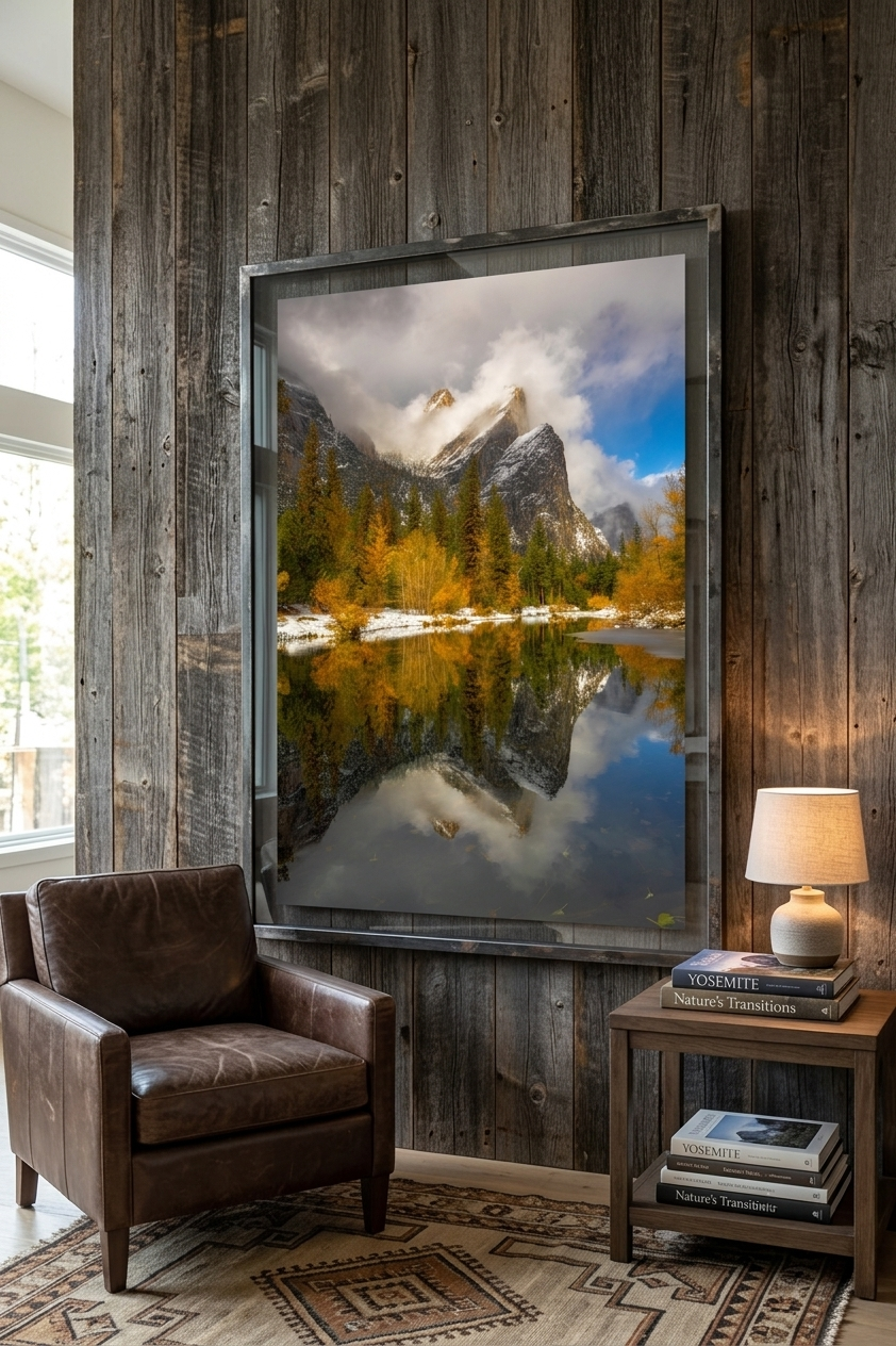 Large framed Yosemite fall foliage and snow print mounted on a dark reclaimed wood wall next to a brown leather armchair.