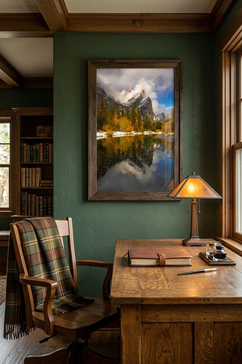 Framed Yosemite autumn snow print hanging on a deep sage green wall above a vintage wooden desk with a brass lamp.