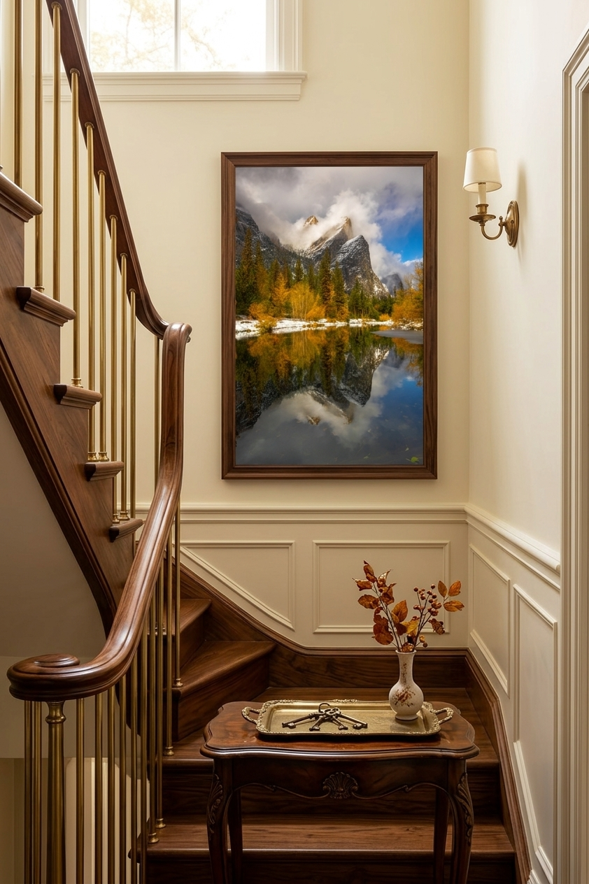 Vertical Yosemite landscape print with dark wood frame displayed on a staircase landing with wainscoting and brass accents.