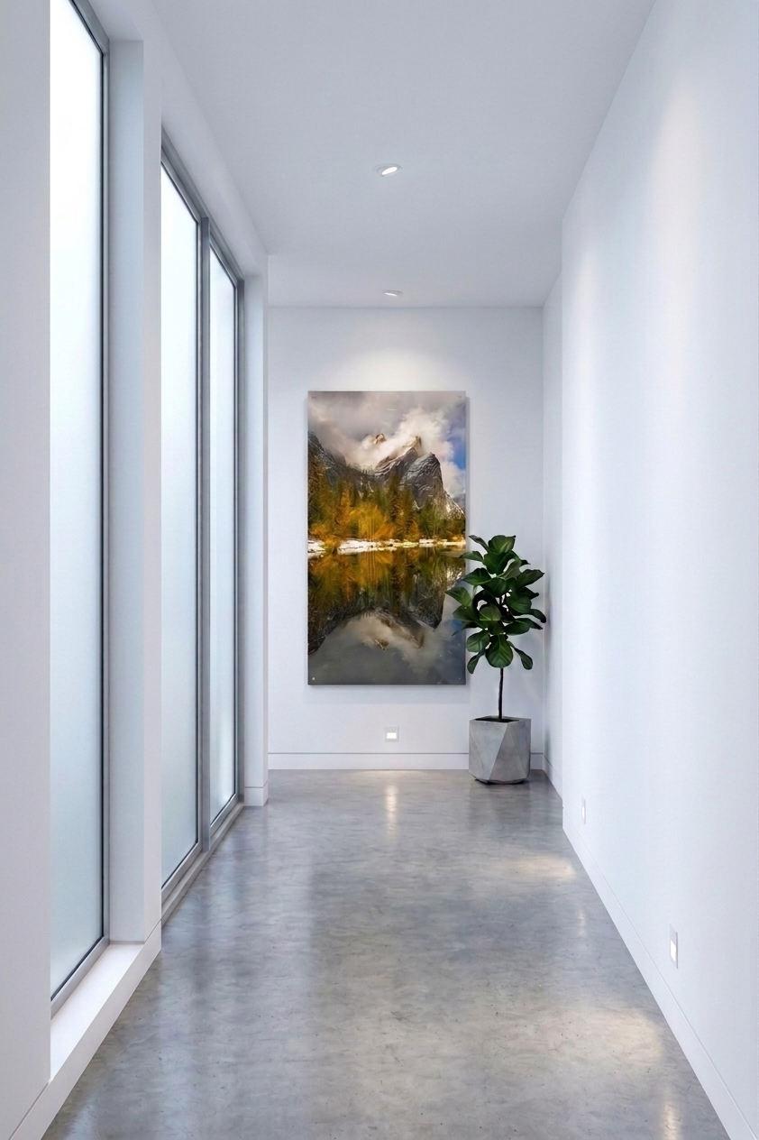 Large frameless acrylic print of Yosemite autumn reflection positioned at the end of a bright white modern hallway with polished concrete floors.