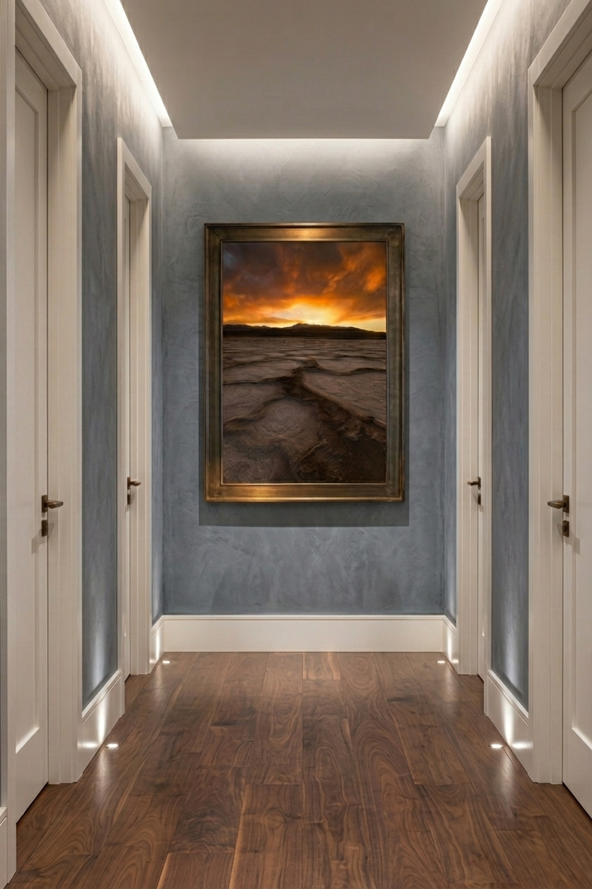 Vertical Death Valley sunrise desert artwork displayed at the end of a modern hallway with walnut wood floors and recessed cove lighting.