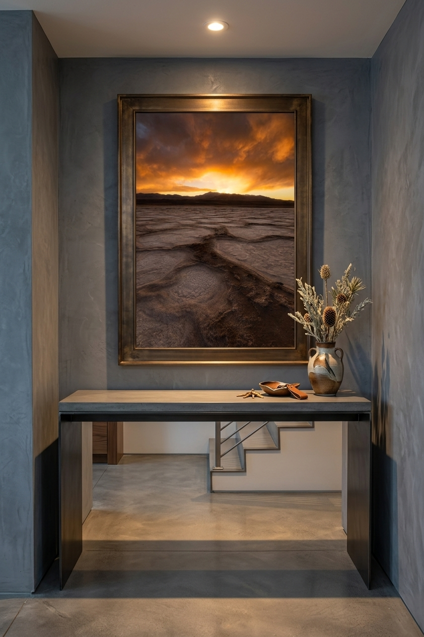 Large framed Death Valley salt flats sunrise print hanging above a minimalist concrete console table in a slate gray plaster entryway.