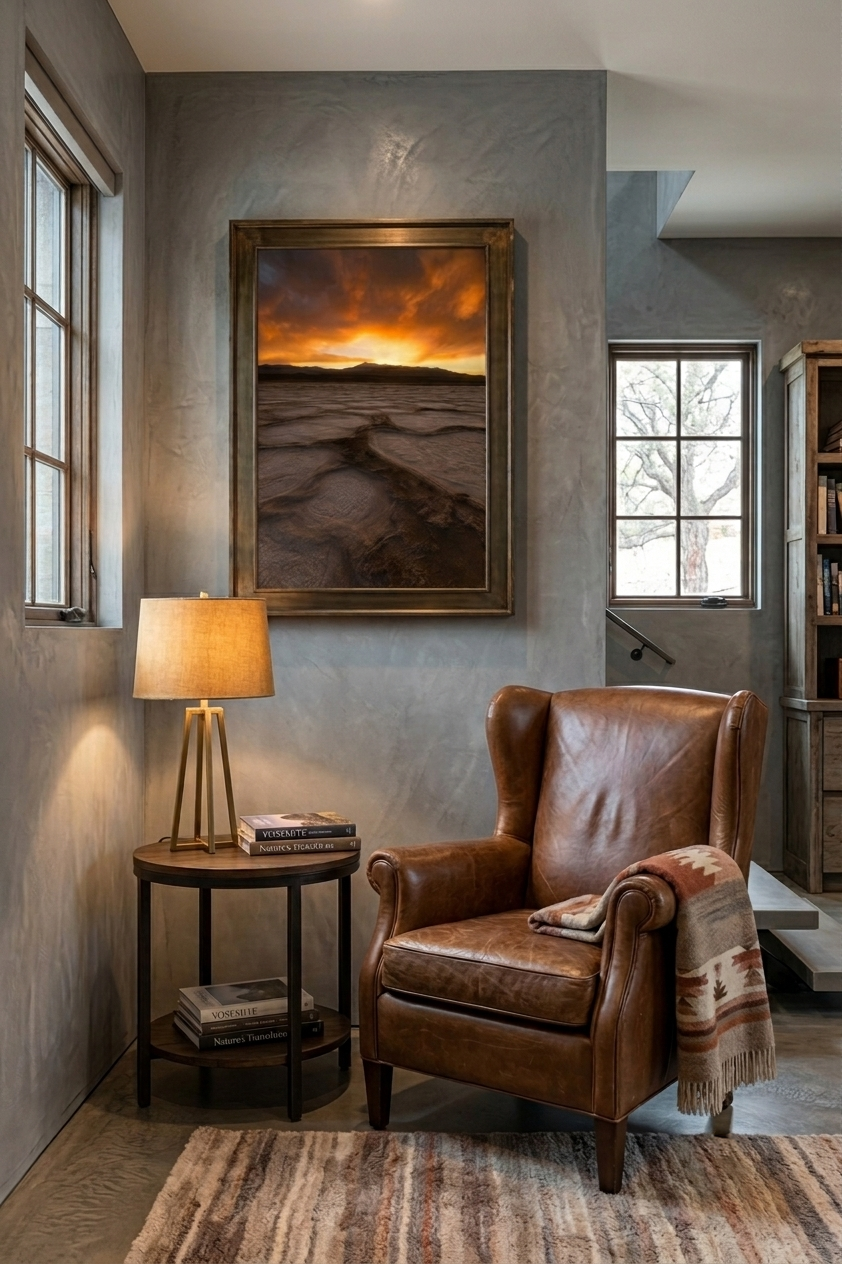 Framed Death Valley salt polygon landscape photo hanging on a plaster wall next to a cognac leather wingback chair and brass side lamp.