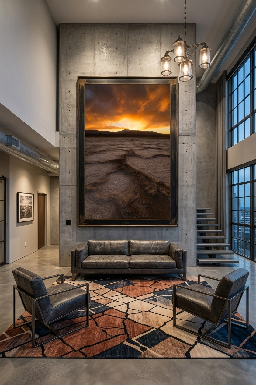 Oversized statement art of a Death Valley salt flat sunrise on a high concrete wall in an industrial loft living room with leather seating.