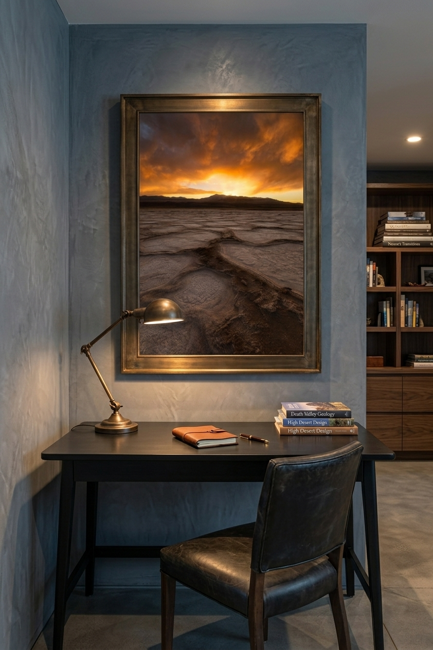 Death Valley sunrise fine art print in a dark bronze frame mounted above a black wooden study desk with a brass task lamp.