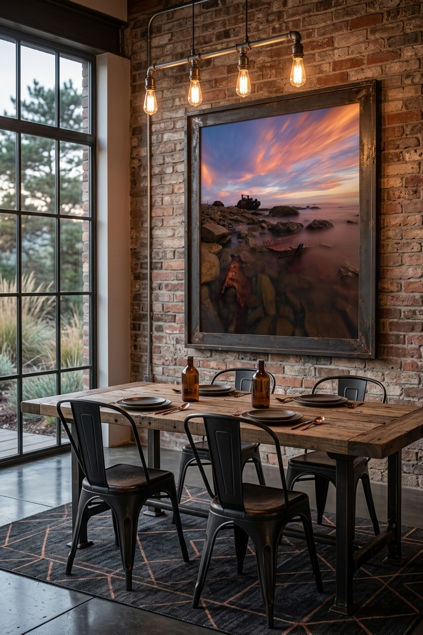 Framed SS Dominator shipwreck sunset photo displayed on an exposed brick wall in an industrial dining room with Edison bulb lighting.