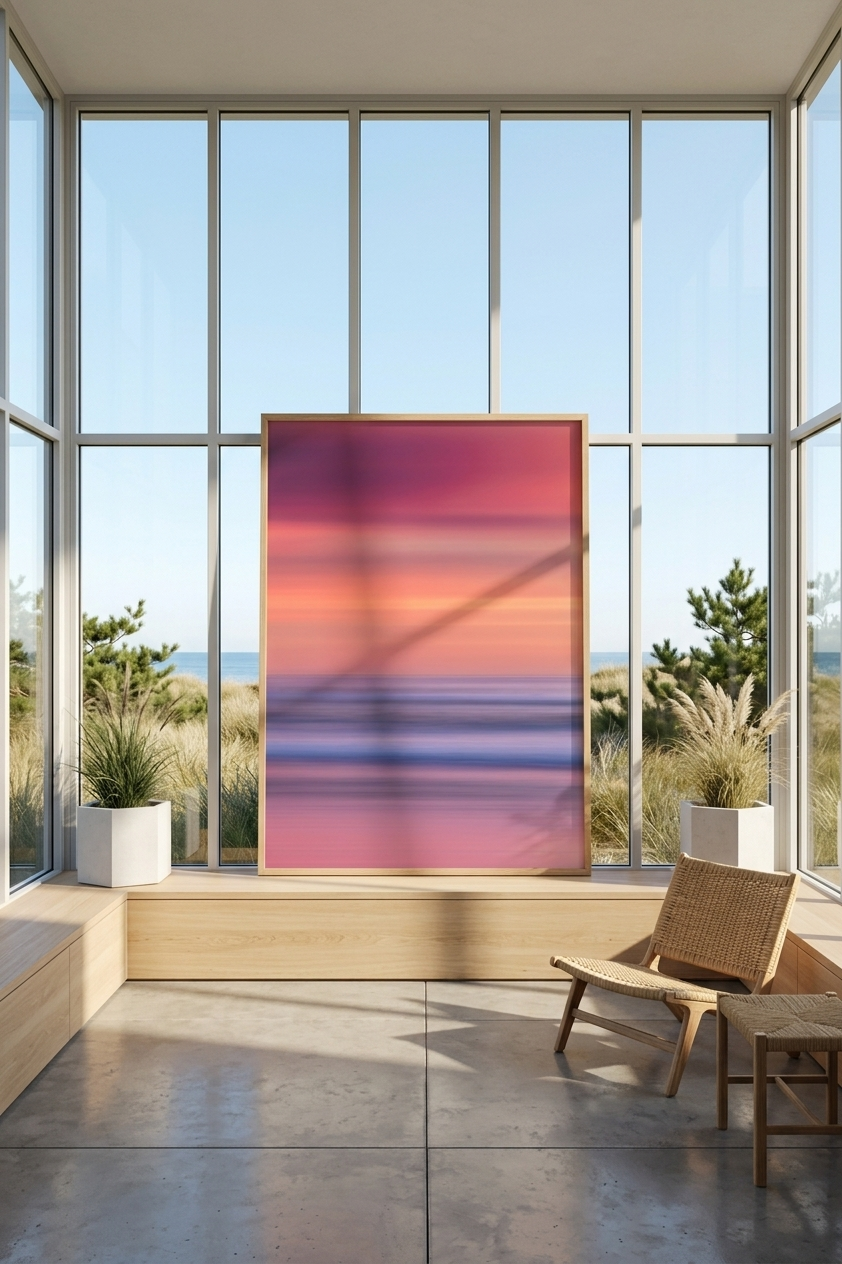 Large framed abstract ocean sunset artwork standing in a sunlit coastal room with floor-to-ceiling glass windows and woven chairs.