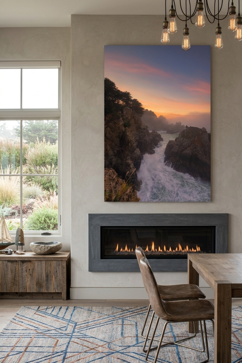 Large Big Sur McWay Cove landscape artwork mounted above a sleek modern fireplace in an earthy dining room.