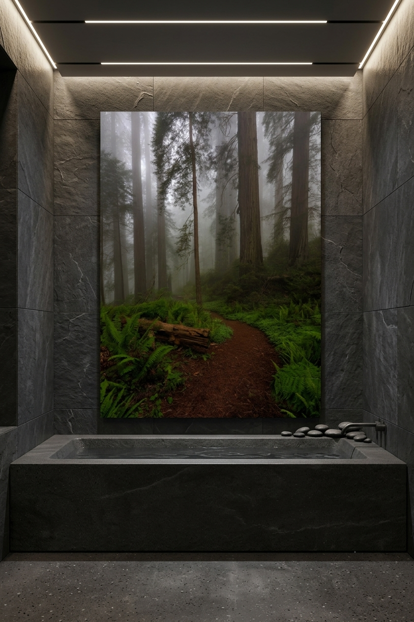 Misty Redwood National Park wall art mounted above a modern dark stone bathtub in a luxury spa bathroom.