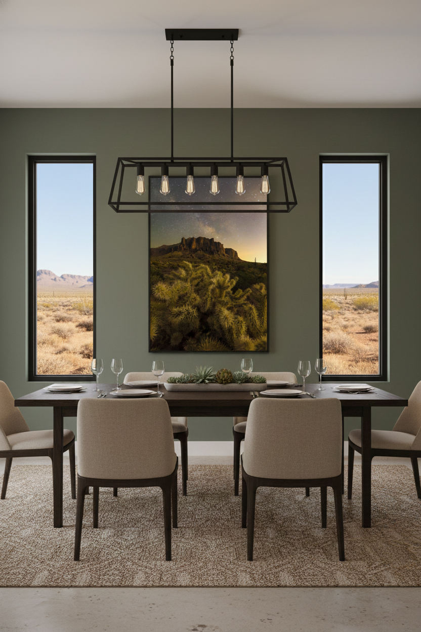 Superstition Mountains Milky Way fine art print displayed on a olive green wall in a modern dining room with desert views.