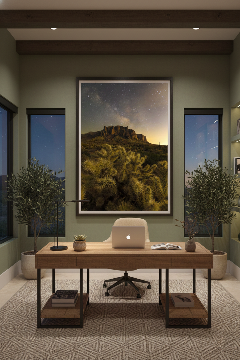 Large framed Superstition Mountains Milky Way print hanging above a wooden desk in a sage green home office.